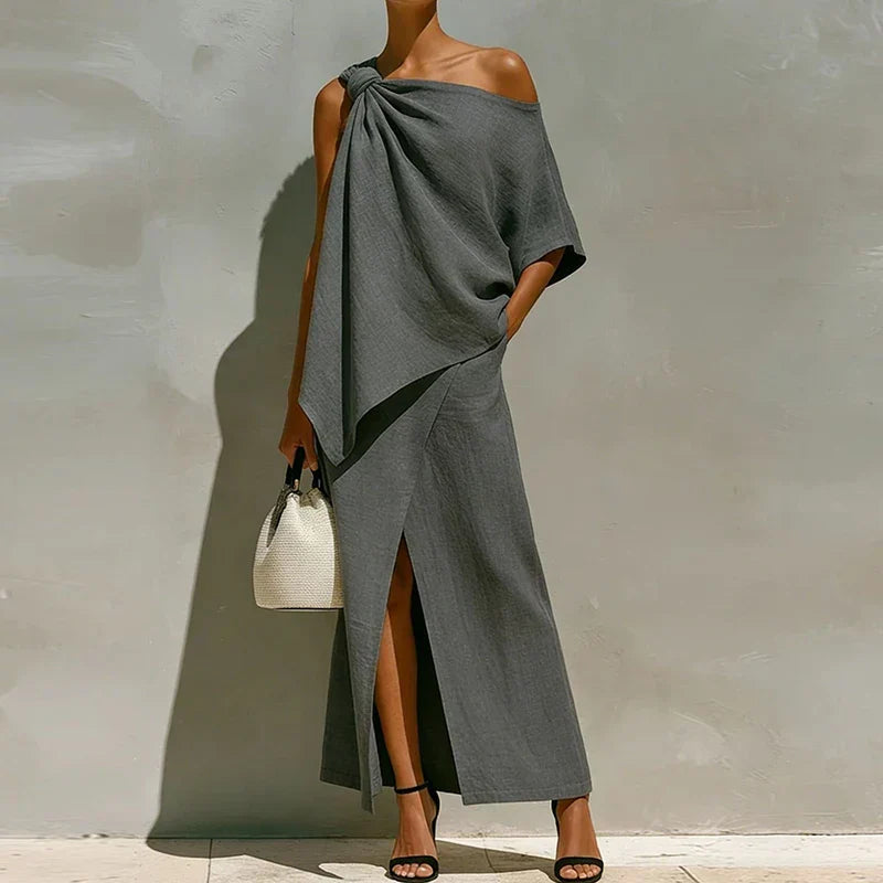 Isolde evening one-shoulder draped two-piece set, Grey