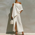 Isolde evening one-shoulder draped two-piece set, White