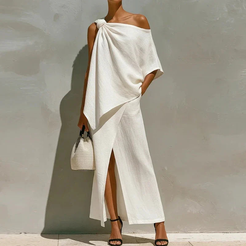 Isolde evening one-shoulder draped two-piece set, White