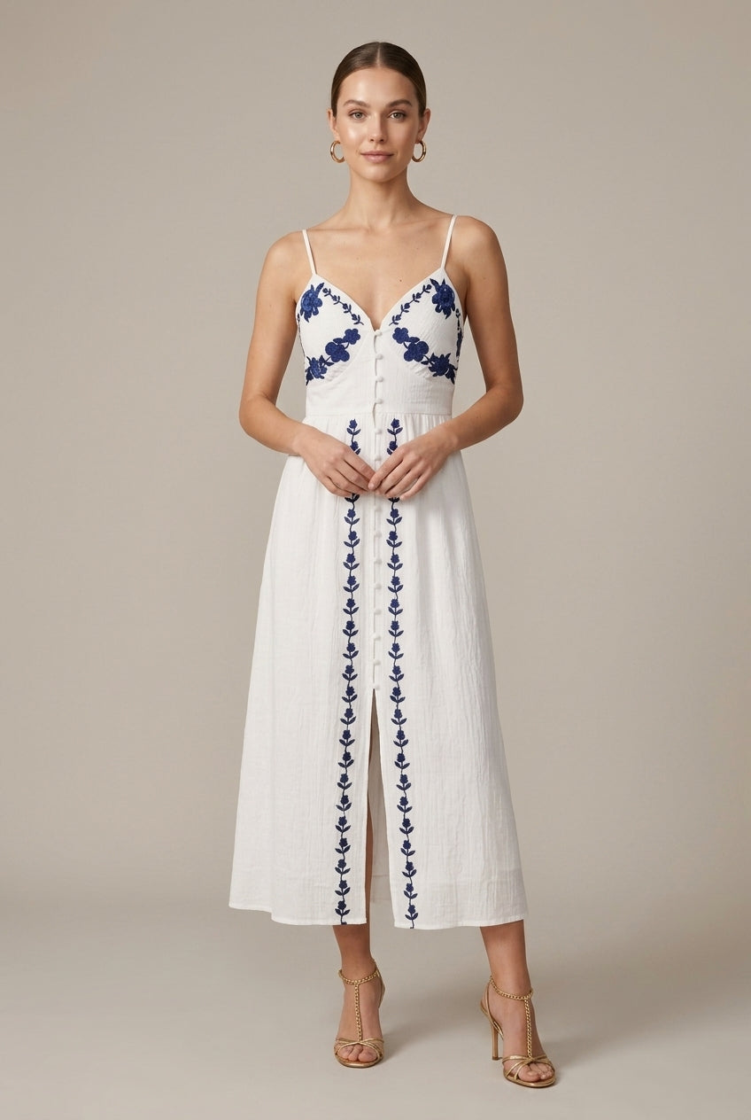 Isolina evening embroidered V-neck midi dress, view 1