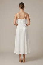 Isolina evening embroidered V-neck midi dress, back view