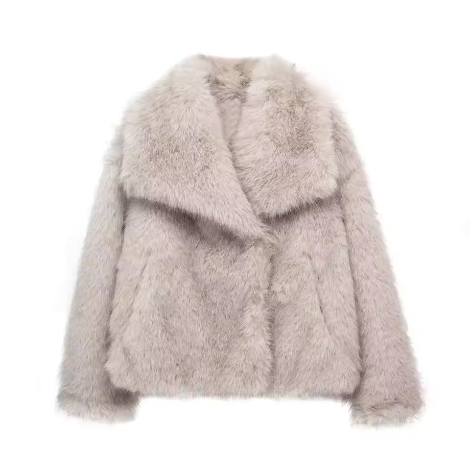 Ivy Beige faux fur jacket with fluffy texture, long sleeves, and oversized lapel collar