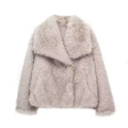 Ivy Beige faux fur jacket with fluffy texture, long sleeves, and oversized lapel collar