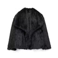 Ivy Black faux fur jacket with cropped silhouette, plush texture, and oversized lapel collar