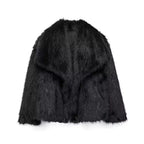 Ivy Black faux fur jacket with cropped silhouette, plush texture, and oversized lapel collar