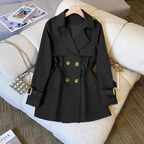 Product view of the Jennifer Trench Coat Belted Double-Breasted in black, featuring a notched lapel collar, double-breasted button front, long sleeves, belted waist, and flared silhouette. Designed by Bella Hudson.