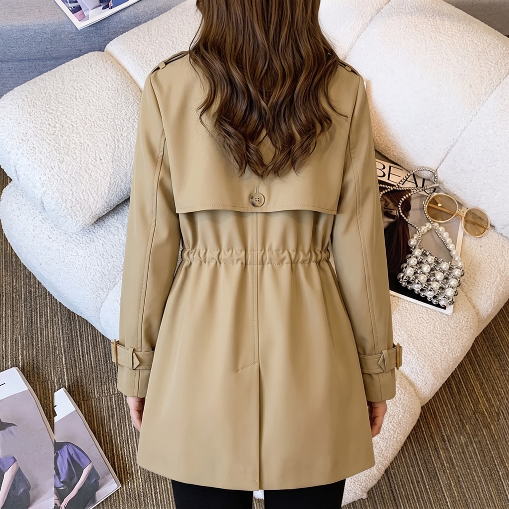 Back waist detail view of the Jennifer Trench Coat Belted Double-Breasted in khaki, highlighting the gathered elasticized waist, structured seams, and flared lower silhouette. Designed by Bella Hudson.