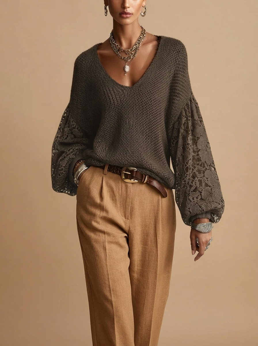 Front view of the Josefine Sweater Lace V-Neck Knit in Brown, featuring a delicate lace V-neckline, soft knit fabric, and long sleeves. Designed by Bella Hudson.