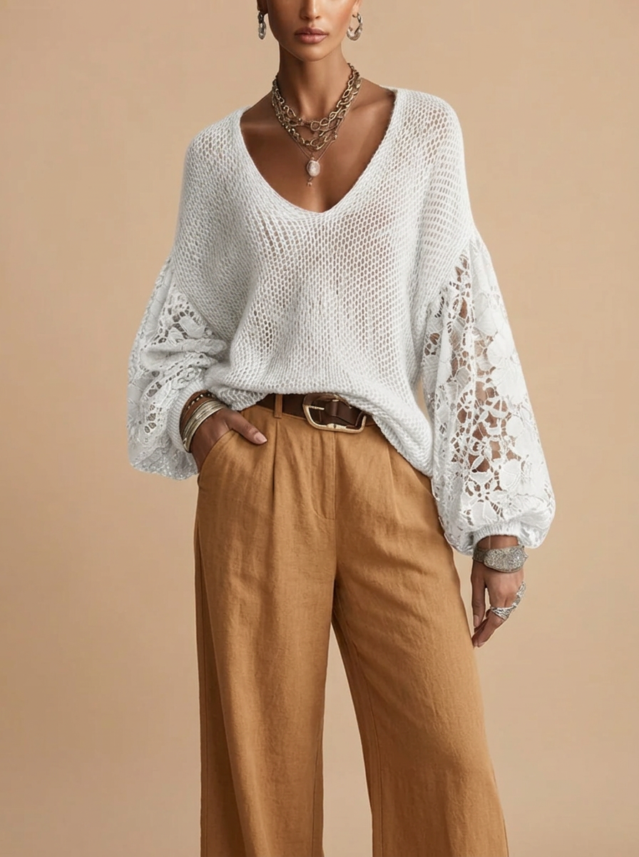 Front view of the Josefine Sweater Lace V-Neck Knit in White, featuring a delicate lace V-neckline, soft knit fabric, and long sleeves. Designed by Bella Hudson.