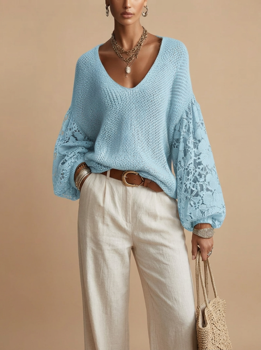 Front view of the Josefine Sweater Lace V-Neck Knit in light Blue, featuring a delicate lace V-neckline, soft knit fabric, and long sleeves. Designed by Bella Hudson.