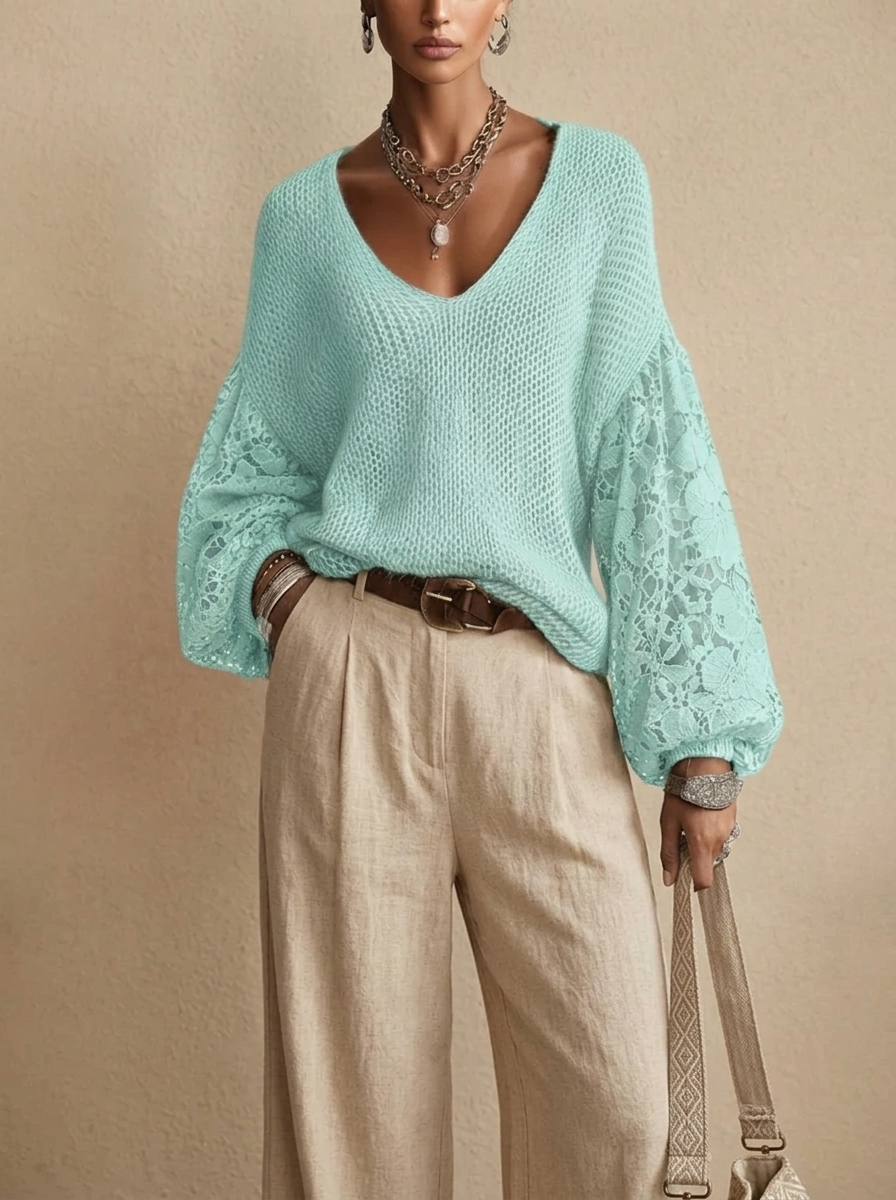Front view of the Josefine Sweater Lace V-Neck Knit in Light Blue, featuring a delicate lace V-neckline, soft knit fabric, and long sleeves. Designed by Bella Hudson.