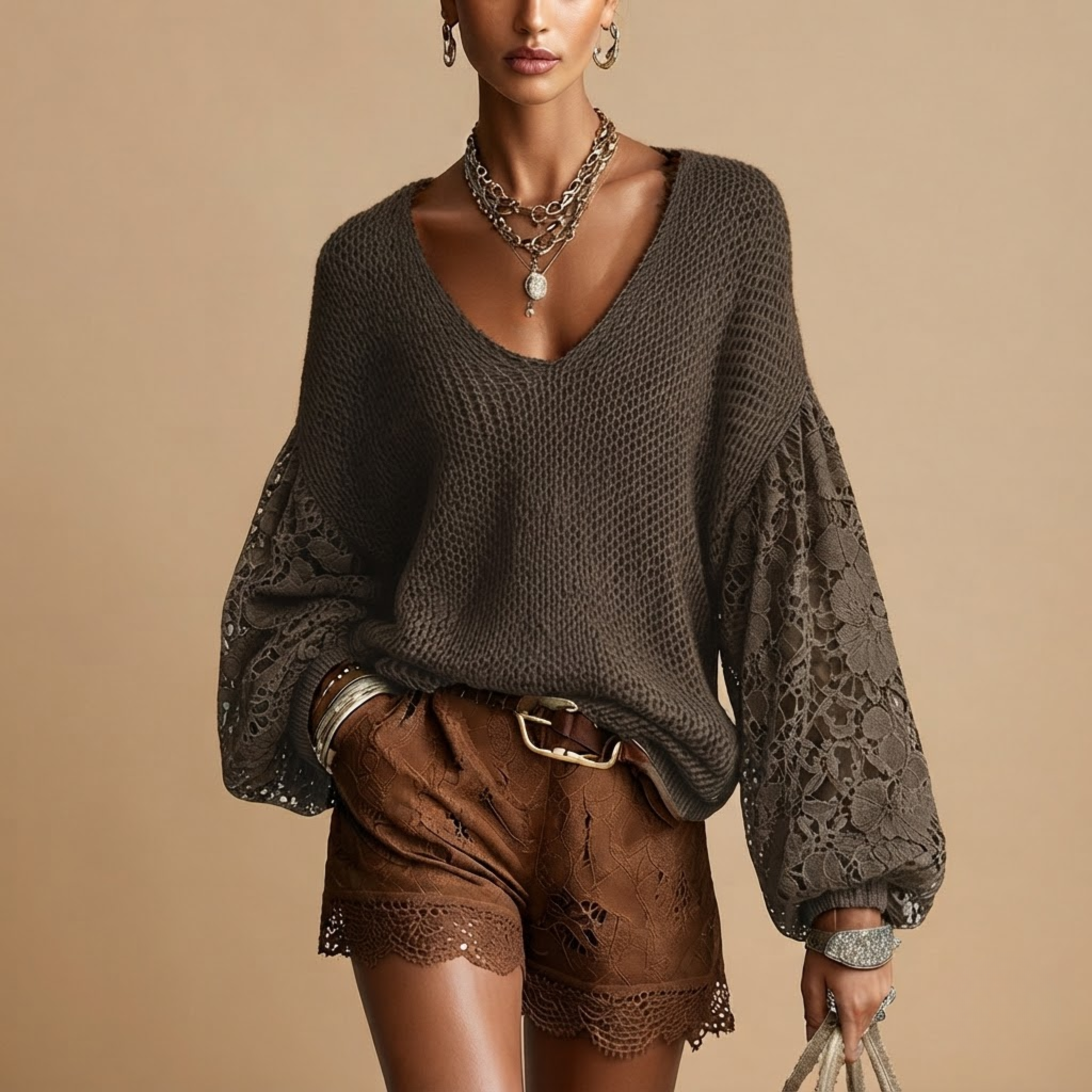 Front view of the Josefine Sweater Lace V-Neck Knit in Brown, featuring a delicate lace V-neckline, soft knit fabric, and long sleeves. Designed by Bella Hudson.