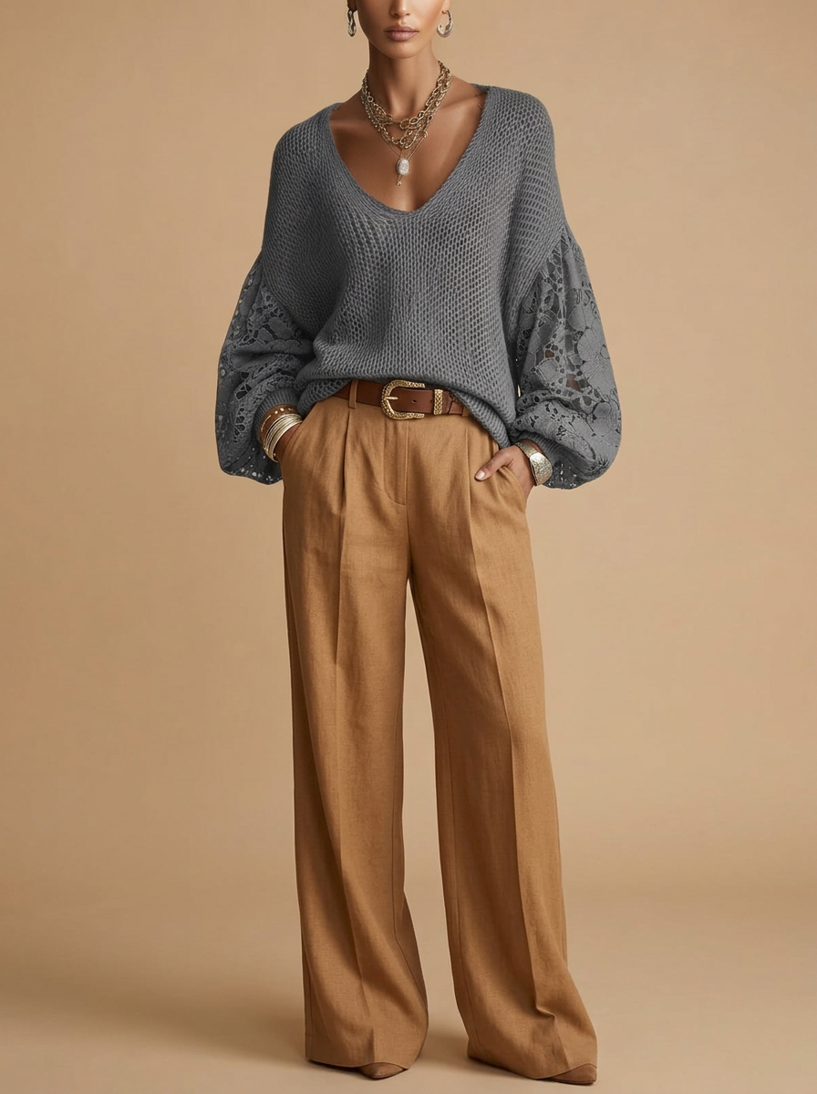Front view of the Josefine Sweater Lace V-Neck Knit in Grey, featuring a lace V-neckline, soft knit fabric, and long sleeves. Designed by Bella Hudson.