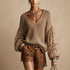 Front view of the Josefine Sweater Lace V-Neck Knit in Light Brown, featuring a delicate lace V-neckline, soft knit fabric, and long sleeves. Designed by Bella Hudson.