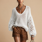Front view of the Josefine Sweater Lace V-Neck Knit in White, featuring a delicate lace V-neckline, soft knit fabric, and long sleeves. Designed by Bella Hudson.