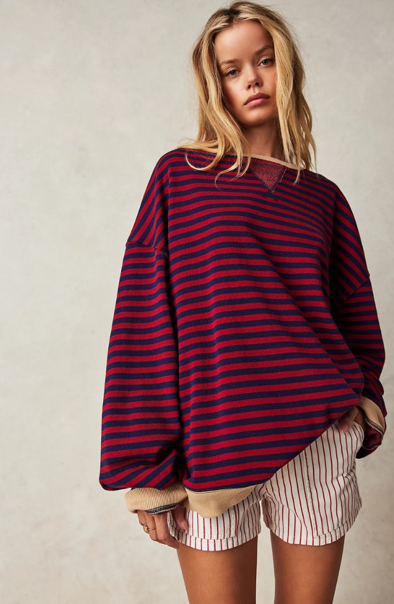 Josie Oversized Striped Pullover Sweater, Black & Red