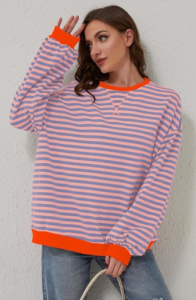Josie Oversized Striped Pullover Sweater, Orange & Blue