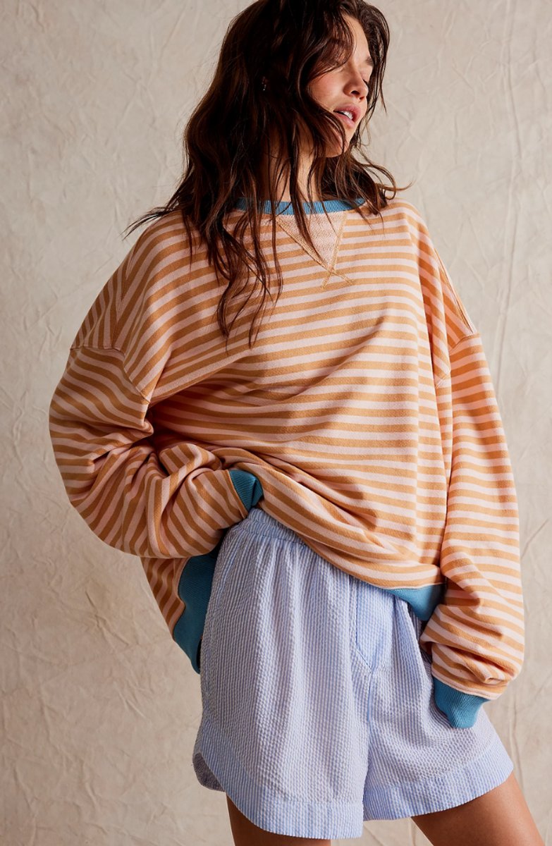 Josie Oversized Striped Pullover Sweater, Orange Stripes