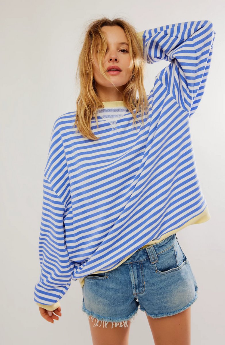 Josie Oversized Striped Pullover Sweater, Sky Blue