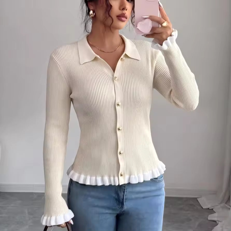 Juliet Beige ribbed knit cardigan with pointed collar, button-front closure, long sleeves, and ruffled hem