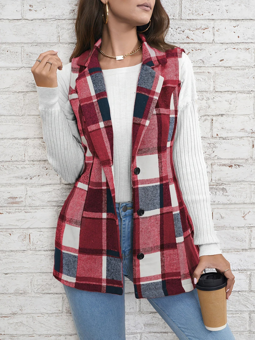 Juniper Plaid Long Vest, close-up view