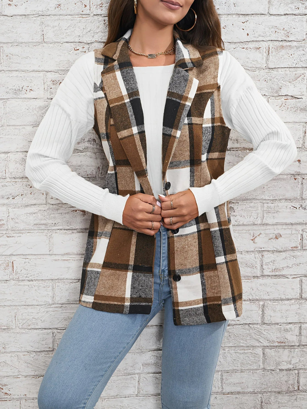 Juniper Plaid Long Vest, detail view