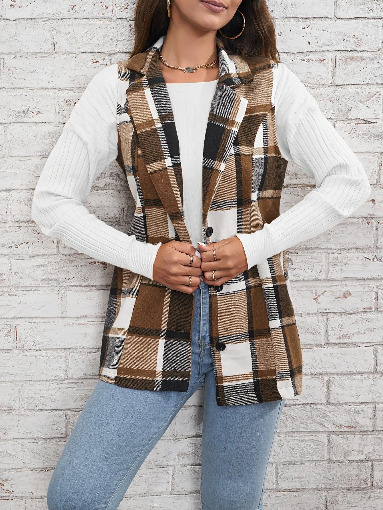 Juniper Plaid Long Vest, detail view