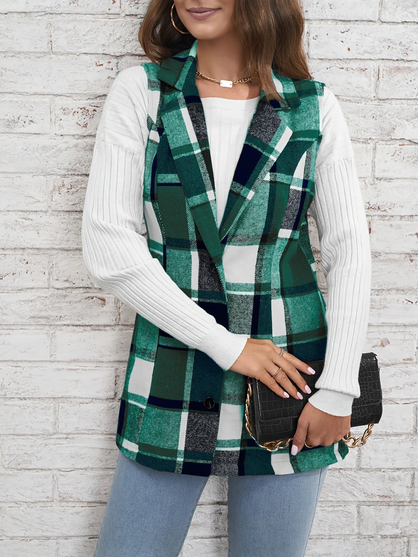 Juniper Plaid Long Vest, lifestyle view