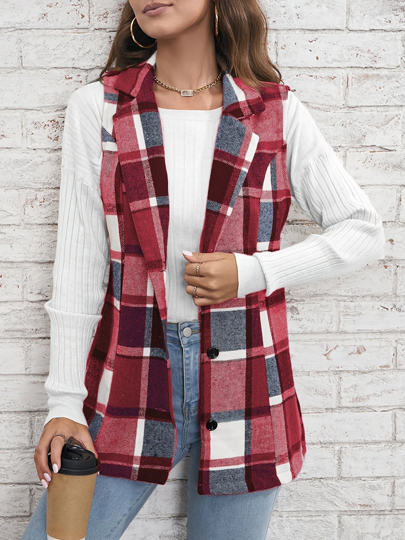 Juniper Plaid Long Vest, Maroon
