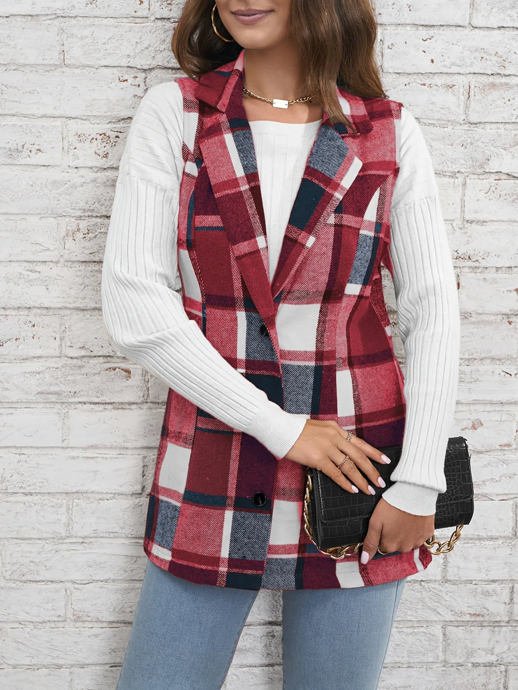 Juniper Plaid Long Vest, styled outfit