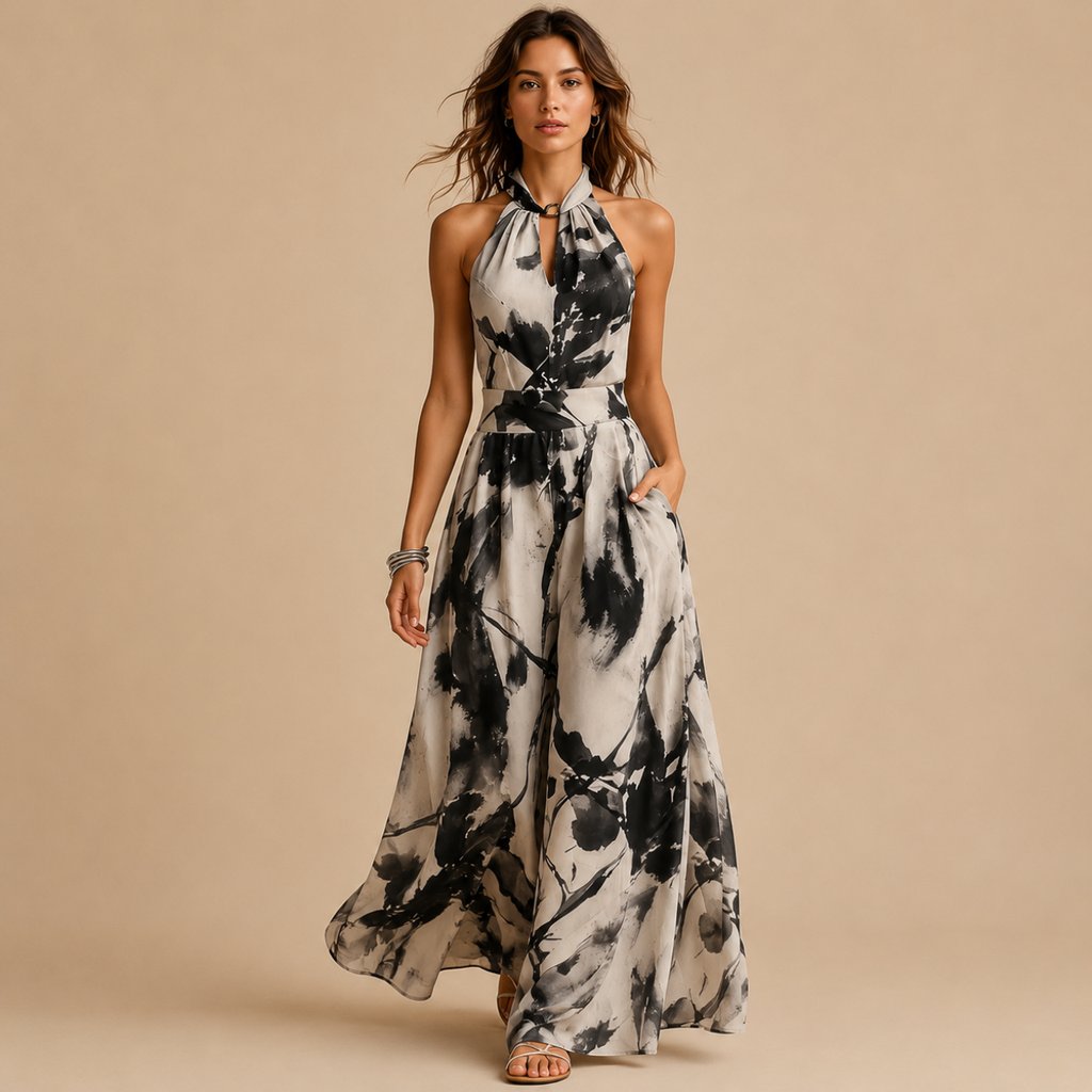 Juno Flowy Floral-Print Halter Maxi Dress in black featuring a halter neckline, flowing silhouette, artistic floral-inspired print, and elegant maxi-length design. Designed by Bella Hudson.