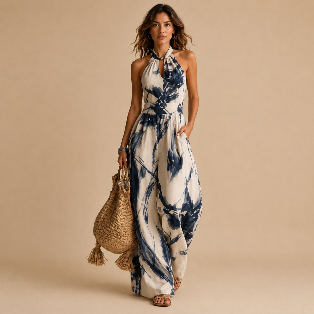 Juno Flowy Floral-Print Halter Maxi Dress in light blue featuring a halter neckline, flowing silhouette, artistic floral-inspired print, and elegant maxi-length design. Designed by Bella Hudson.