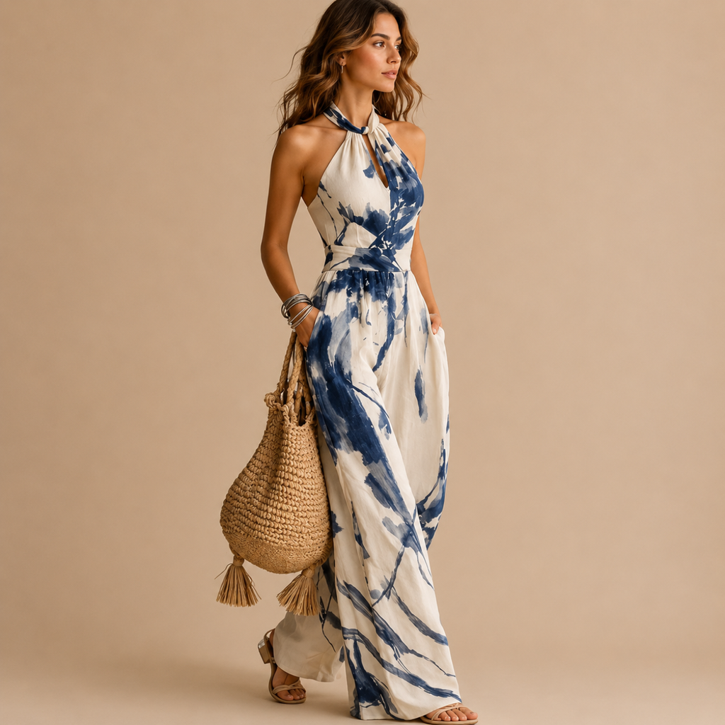 Side view of the Juno Flowy Floral-Print Halter Maxi Dress in light blue featuring a halter neckline, flowing silhouette, artistic floral-inspired print, and lightweight drape. Designed by Bella Hudson.