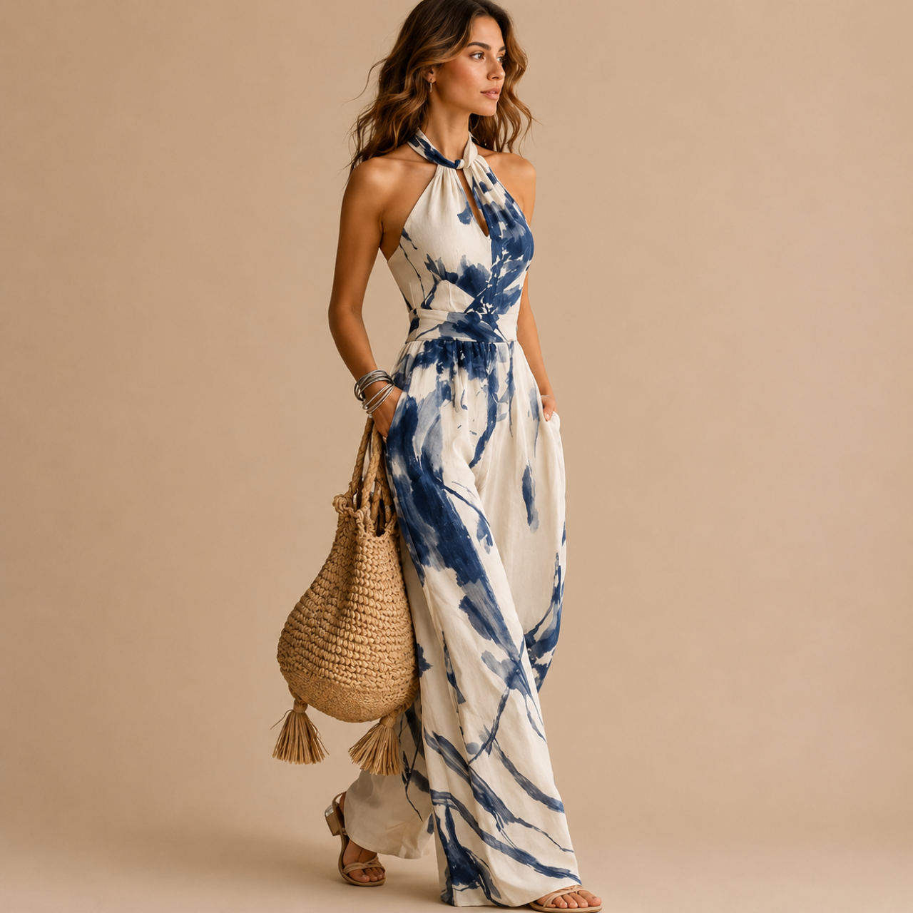Side view of the Juno Flowy Floral-Print Halter Maxi Dress in light blue featuring a halter neckline, flowing silhouette, artistic floral-inspired print, and lightweight drape. Designed by Bella Hudson.