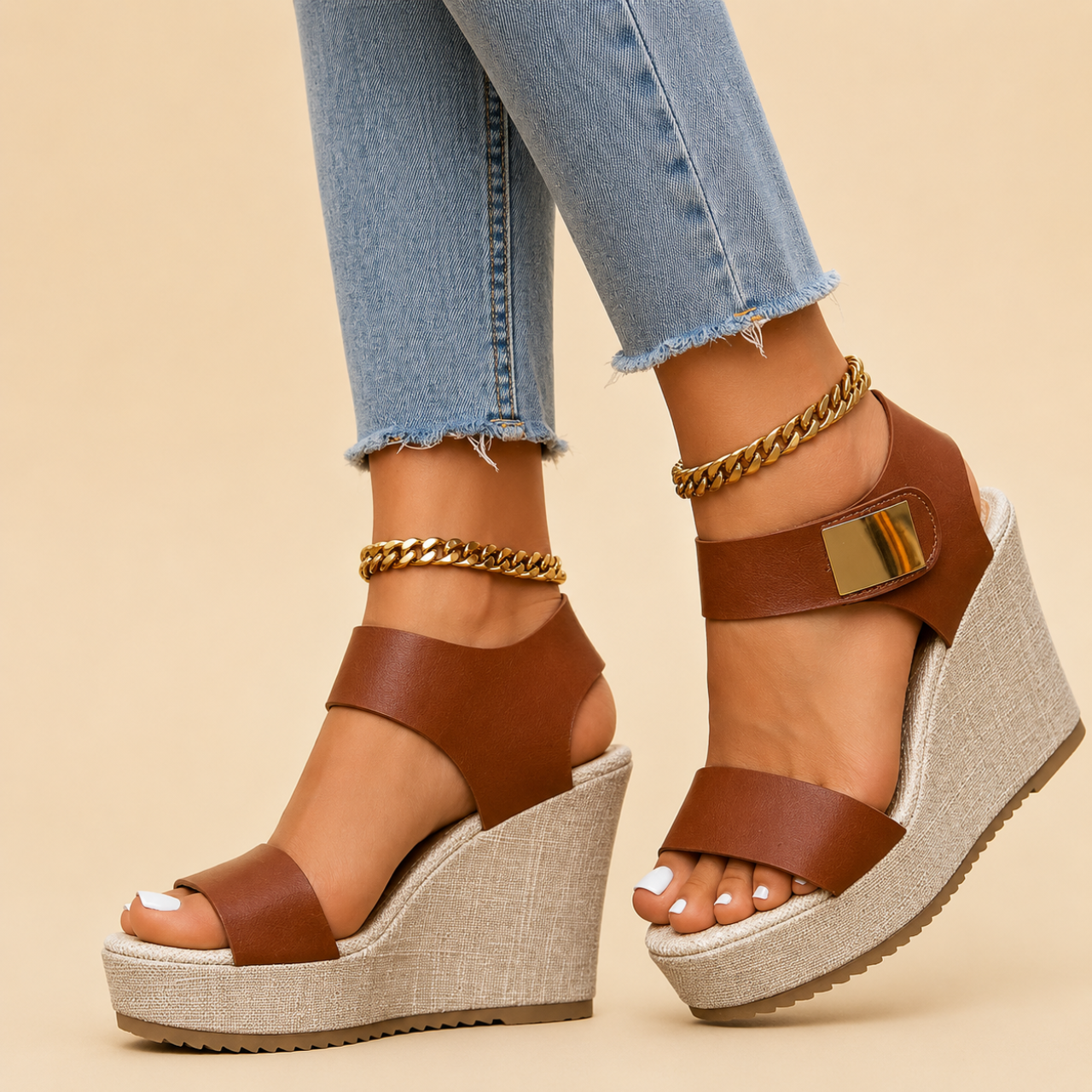 Karin Supportive Platform Wedge Sandals with Ankle Strap in Brown featuring a cushioned platform wedge sole, supportive ankle strap, open-toe design, and gold-tone accent detail shown in lifestyle view, designed by Bella Hudson.