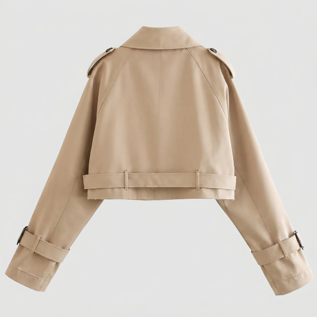 Back view of khaki cropped trench jacket with buckle belt and long sleeves by BELLA HUDSON