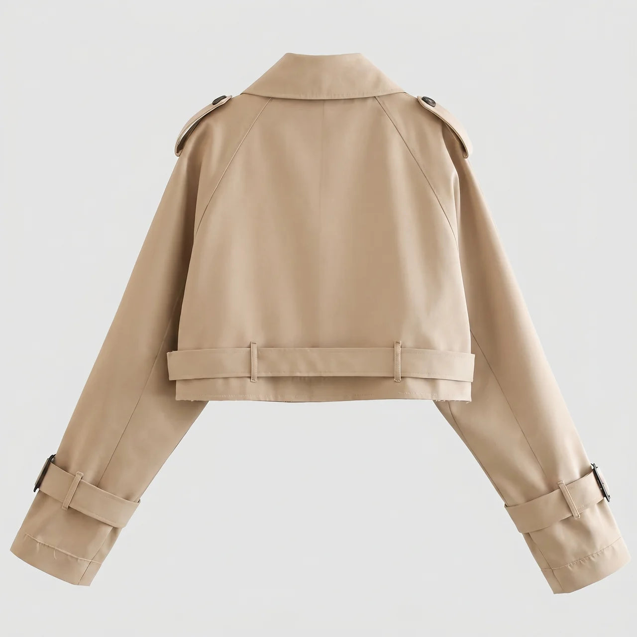Back view of khaki cropped trench jacket with buckle belt and long sleeves by BELLA HUDSON