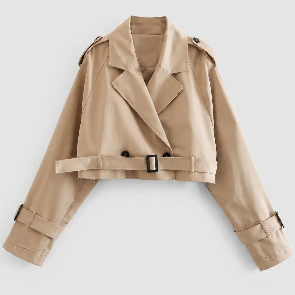Front view of khaki cropped trench jacket with buckle belt and long sleeves by BELLA HUDSON