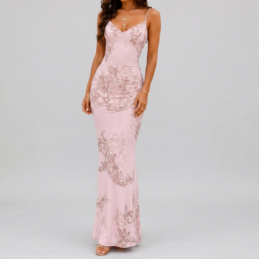 Front view of khaki floral maxi dress with spaghetti straps and bodycon fit by BELLA HUDSON