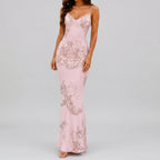 Front view of khaki floral maxi dress with spaghetti straps and bodycon fit by BELLA HUDSON