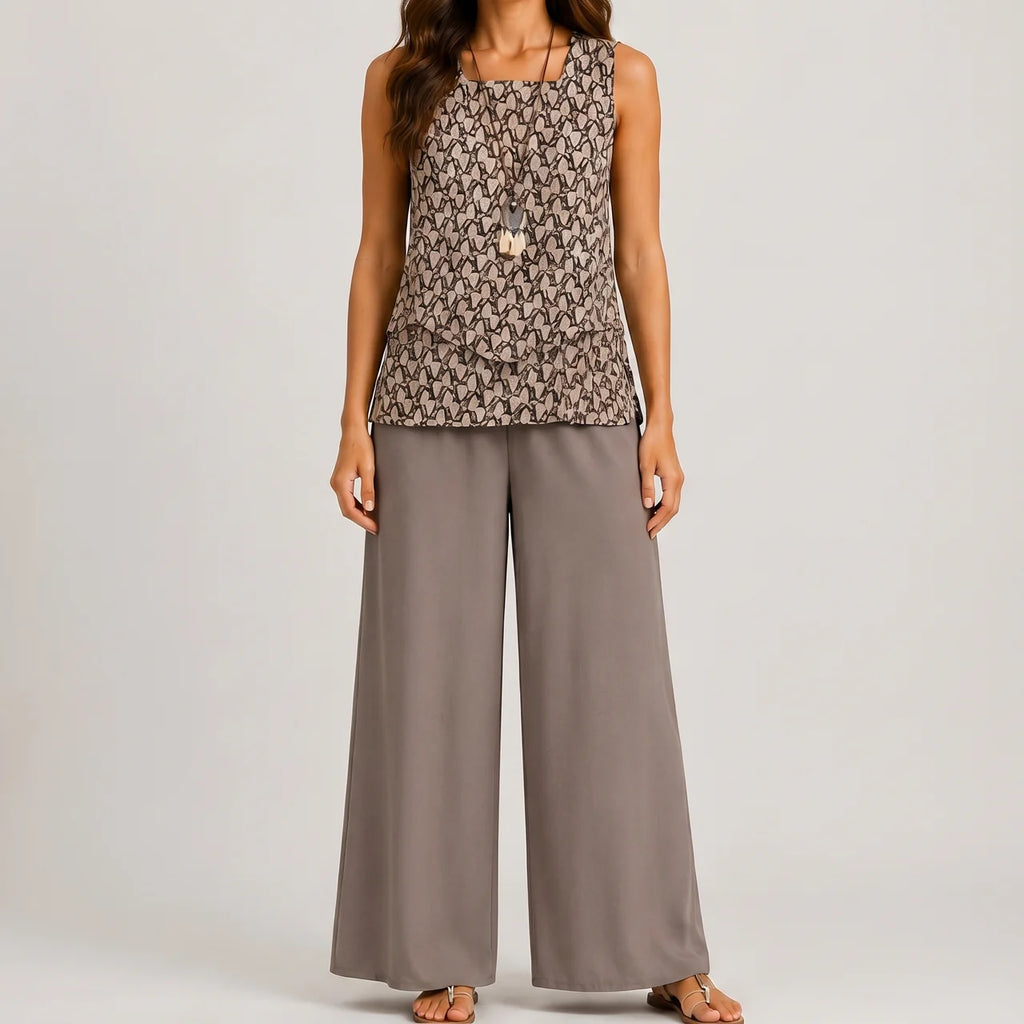 Front view of khaki layered sleeveless top and wide leg pants set by BELLA HUDSON