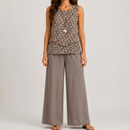Front view of khaki layered sleeveless top and wide leg pants set by BELLA HUDSON