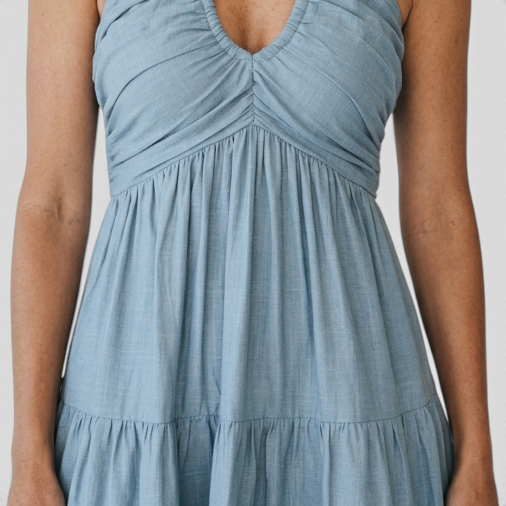 Close-up detail of the Larkin Halter Dress Linen Tiered Bow-Detail in blue, featuring the halter neckline, gathered bodice, bow detail, and lightweight linen fabric. Designed by Bella Hudson.