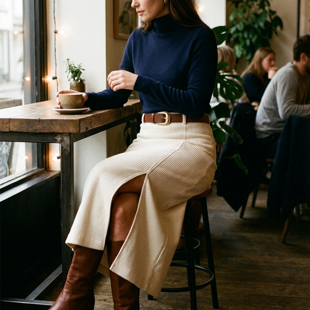 Lena Beige corduroy midi skirt styled with a high waist and front slit