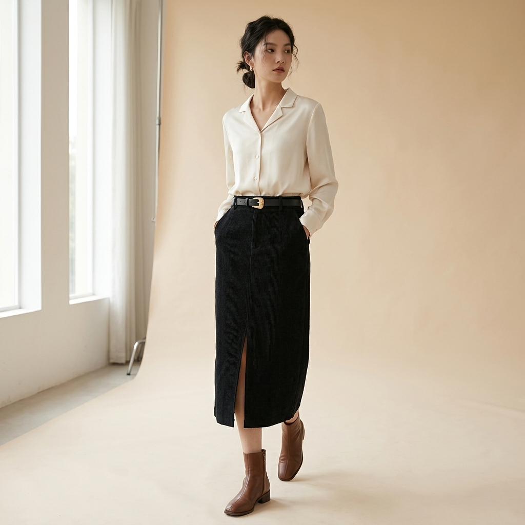 Lena Black corduroy midi skirt with high waist, belt, and front slit