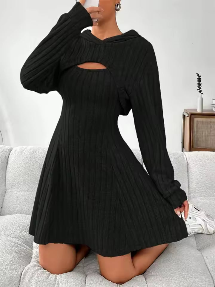 Lena Black ribbed knit two-piece dress set with long-sleeve hooded overlay, front cutout, and A-line silhouette