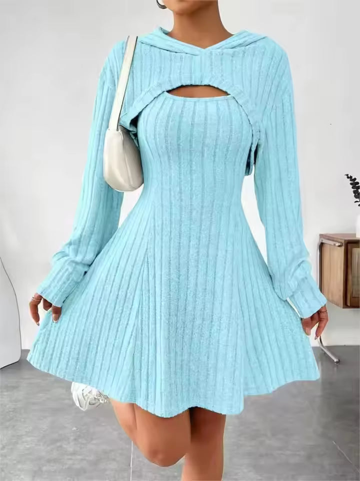 Lena Blue ribbed knit two-piece dress set featuring a front cutout, long sleeves, and A-line mini dress