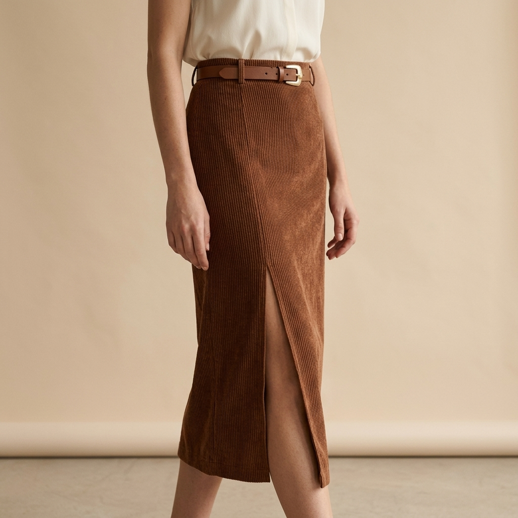 Lena Brown corduroy midi skirt with high waist and front slit