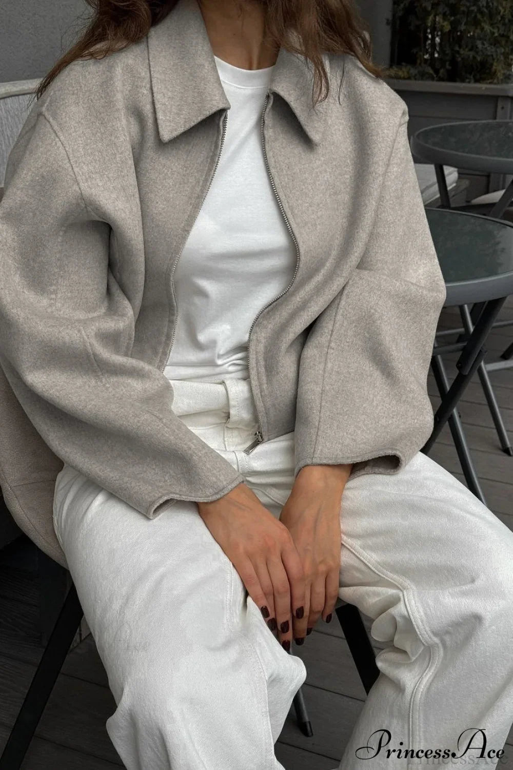 Lena Gray cropped jacket close-up highlighting the turn-down collar, dropped shoulders, long sleeves, and front closure