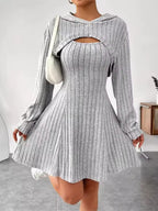 Lena Gray matching knit dress set with cropped hooded top, front cutout, and flared mini skirt